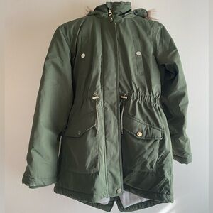 Member's Mark Girl's Parka Jacket Green Faux Fur Hood Fleece Lined Size 10/12